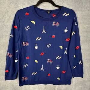Talbots Sweater Womens Large Navy Embroidered Paris France Preppy Stretch Travel